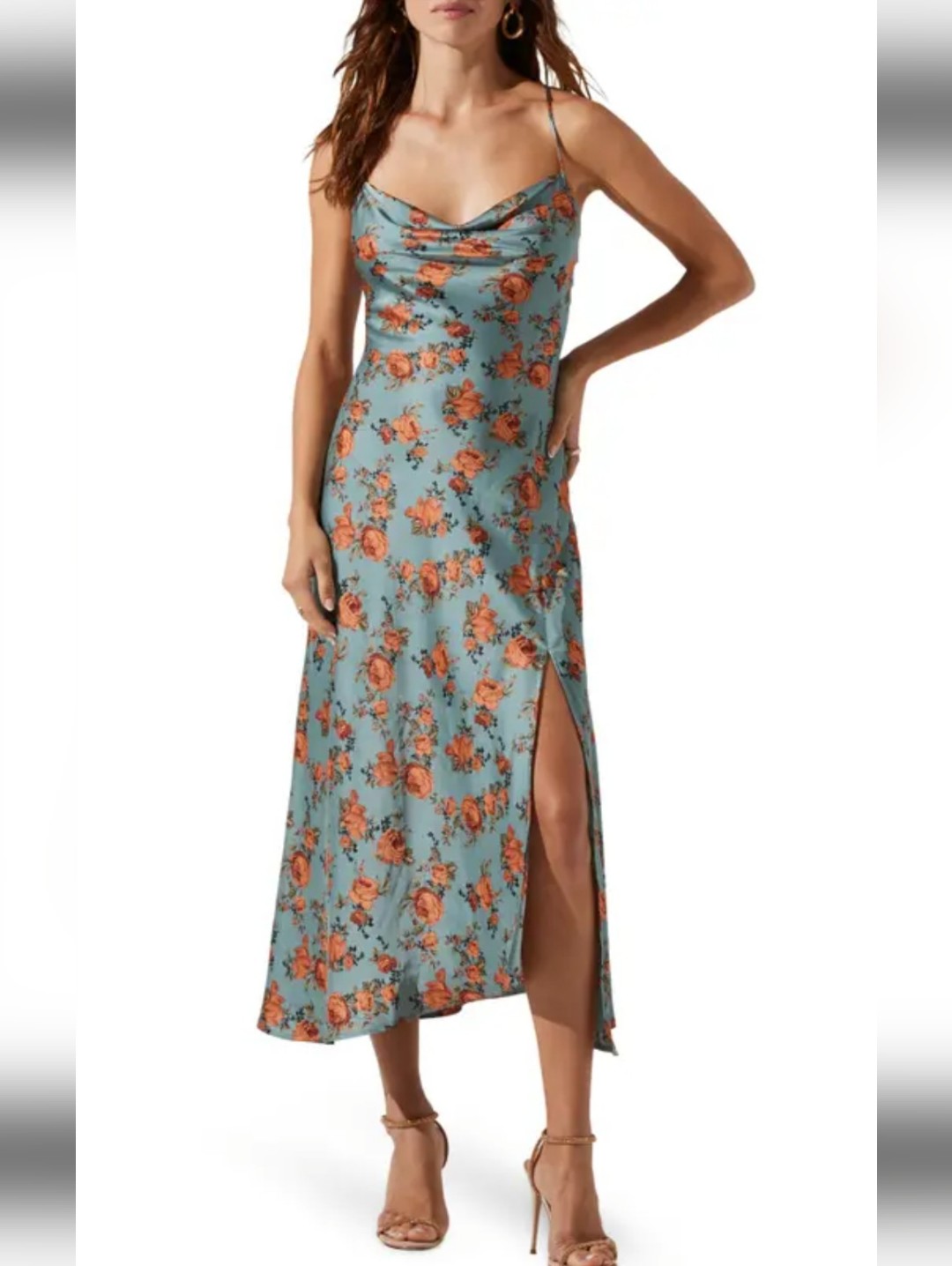 Drape Neck Slip Dress In Blue W/ Marigold Floral Pattern Brand Tag Missing Euc